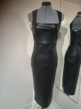 Black Vegan Leather Midi Dress with Square Neck